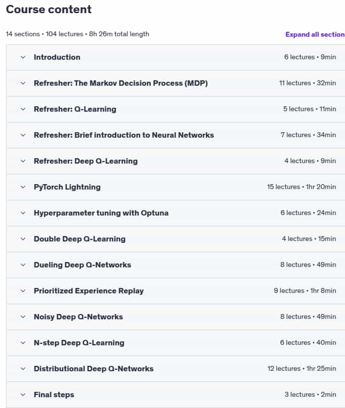 Course topics · Advanced Reinforcement Learning in Python: cutting-edge DQNs 2025-5