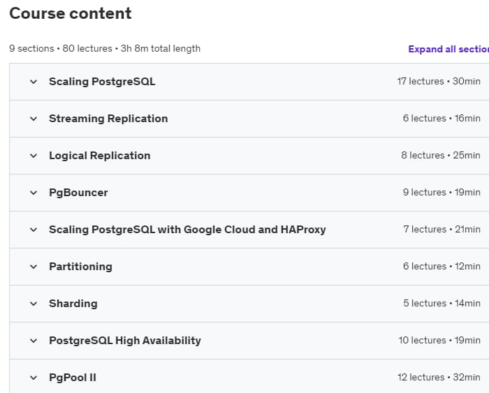 Course topics · Udemy — PostgreSQL Replication, High Availability HA and Scalability 2022-5