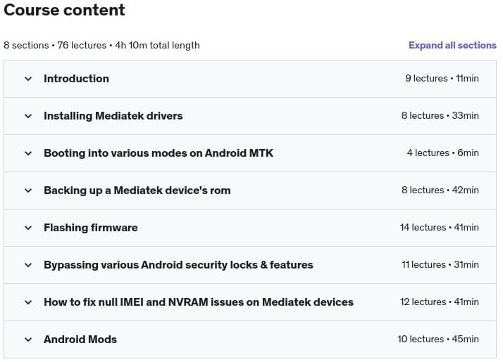 Course topics · Udemy — Mediatek (MTK) Android Software Repairs 2020-4