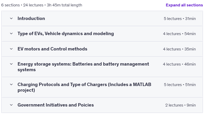 Course topics · Udemy — Basics of Electric Vehicles: A 4-Hour Introductory EV Course 2025-2