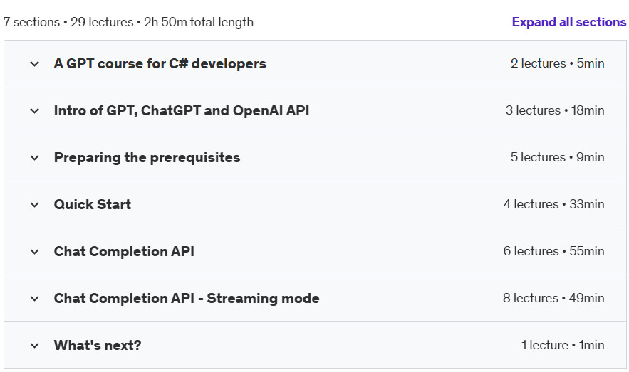 Course topics · Udemy — How to connect to ChatGPT using C# 2024-10