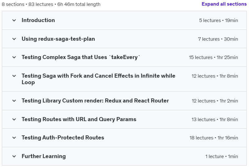 Course topics · Udemy — Advanced React Testing: Redux Saga and React Router 2023-9