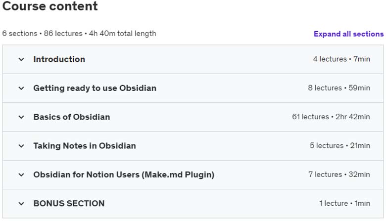 Course topics · Udemy — Improve your Productivity by using Obsidian 2023-8