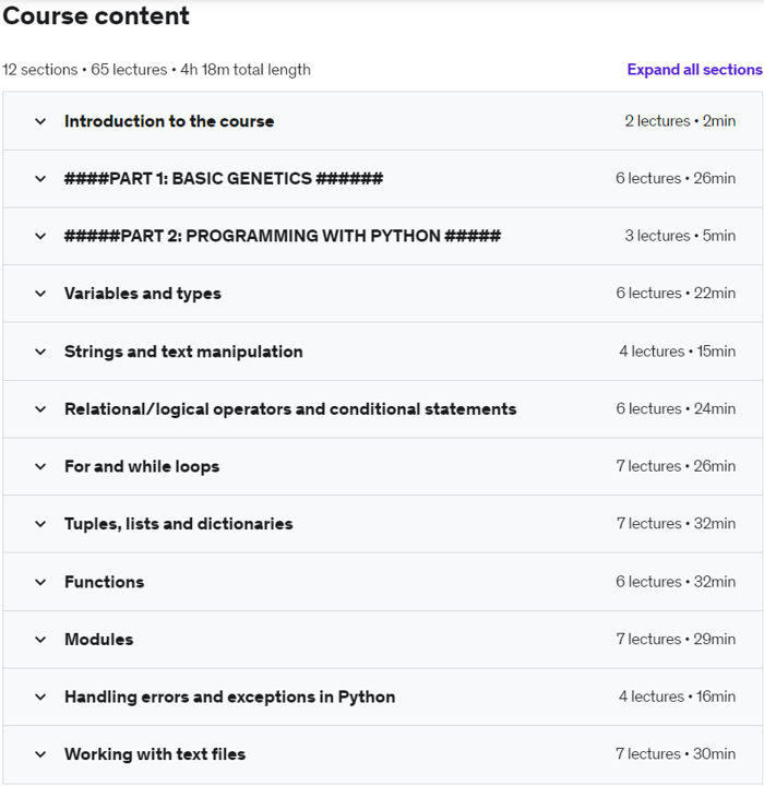 Course topics · Udemy — Introduction to Python for genetics 2020-12