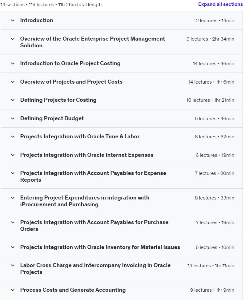Course topics · Udemy — R12i Oracle Project Costing Fundamentals 2020-7