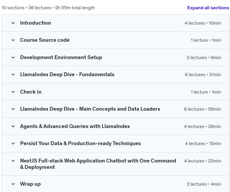 Course topics · Build RAG Applications with LlamaIndex and JavaScript [NEW] 2024-7