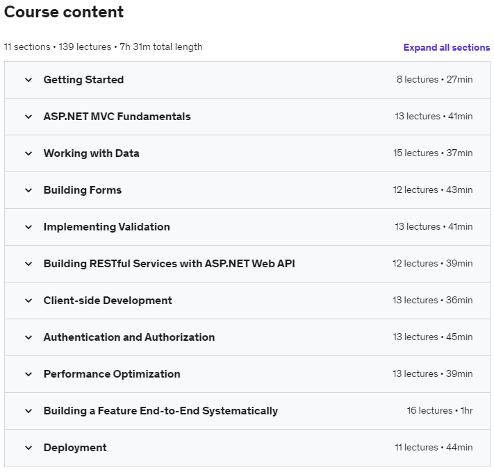 Course topics · Udemy — The Complete ASP.NET MVC 5 Course 2018-4