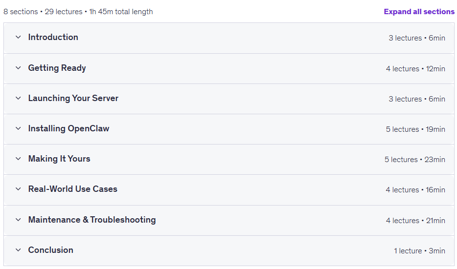 Course topics · Easy OpenClaw: Create An Employee Who Works for Free 2026-2