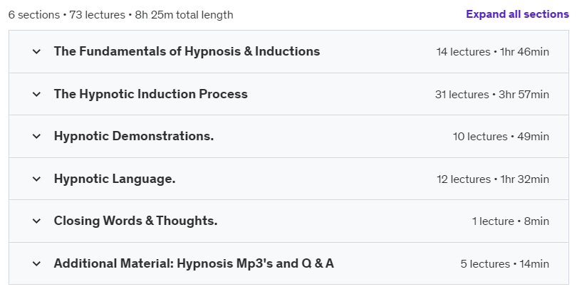 Course topics · Udemy — Hypnosis – Hypnotic Inductions Mastery 2024-4