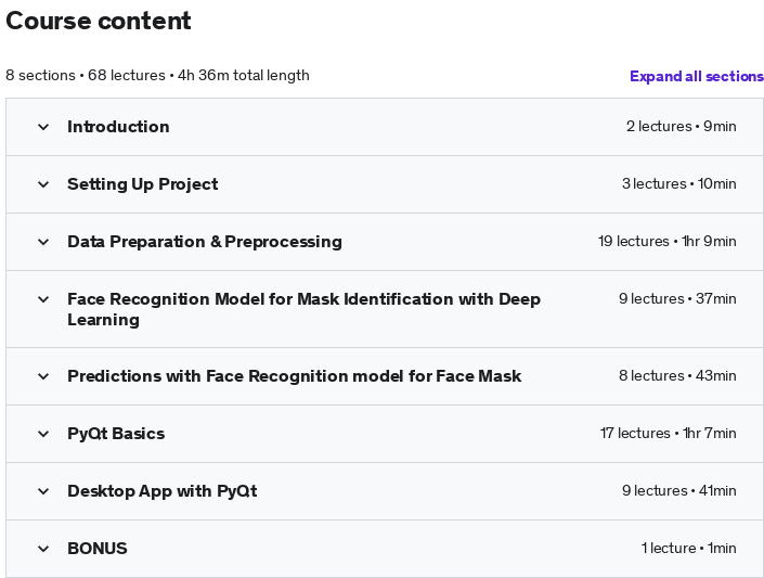 Course topics · Udemy — Face Mask Recognition: Deep Learning based Desktop App 2022-5
