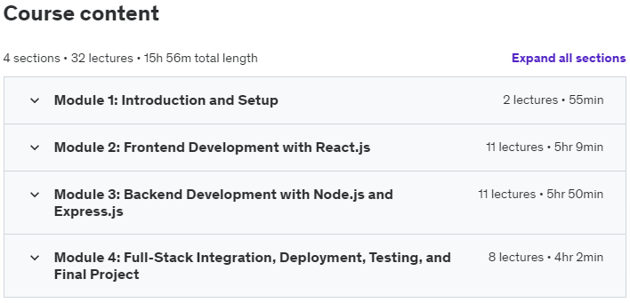 Course topics · Udemy — Complete Full Stack Development with MERN 2024-6