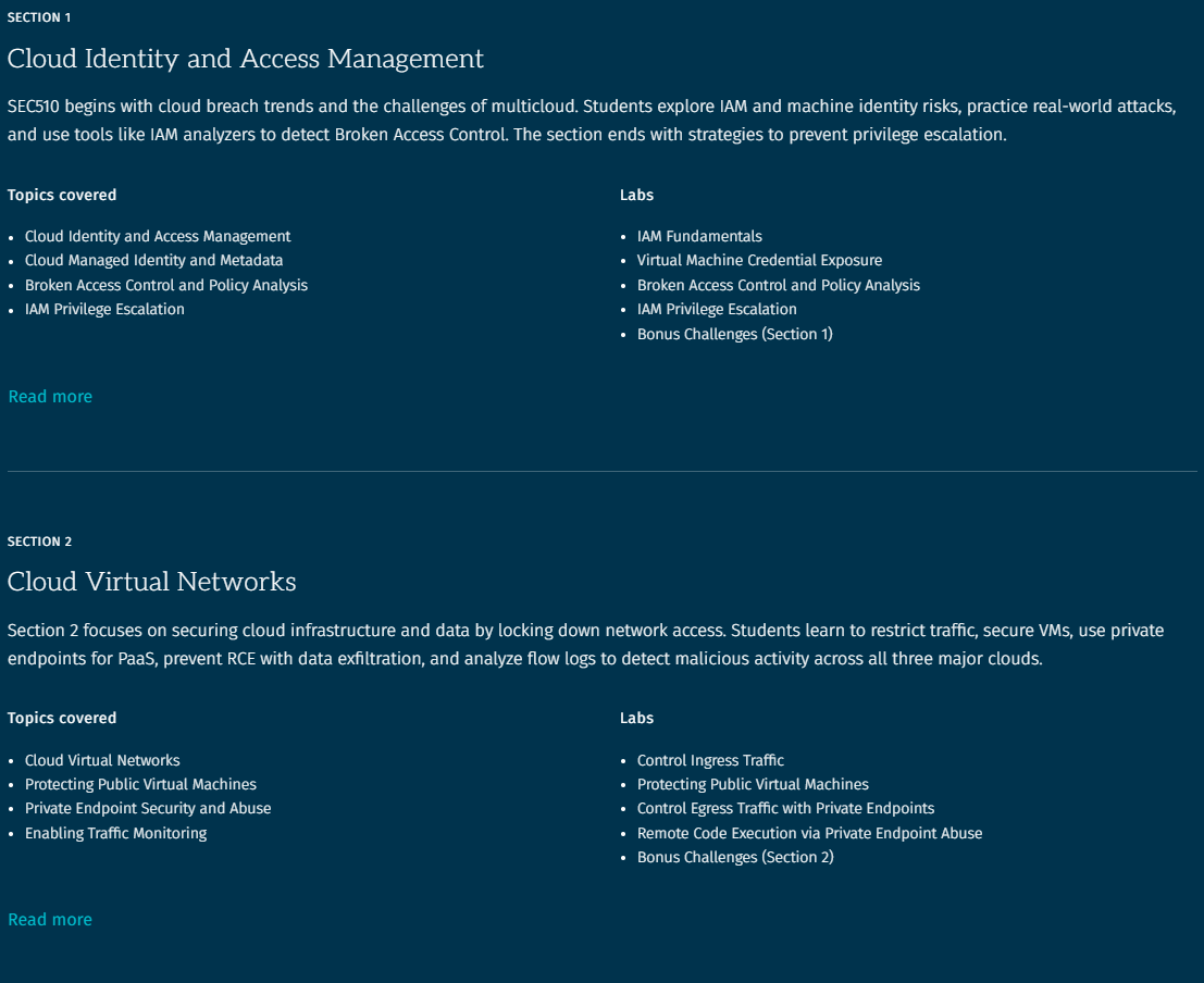 Course topics · SANS — SEC510: Cloud Security Controls and Mitigations 2025-6