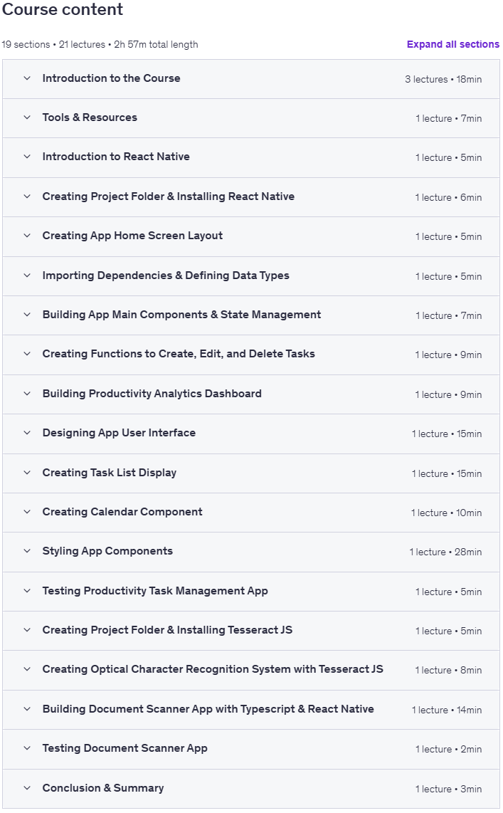 Course topics · Build and Design Mobile App with Typescript & React Native 2025-8
