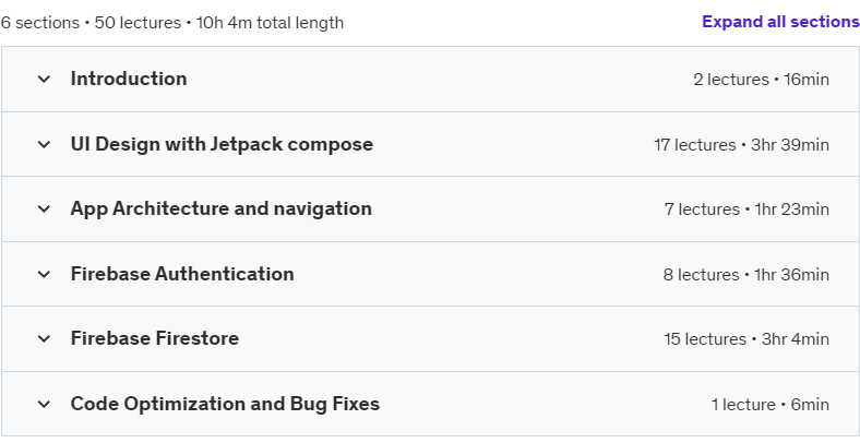 Course topics · Udemy — Build High Quality Android App with Firebase and Compose 2024-8