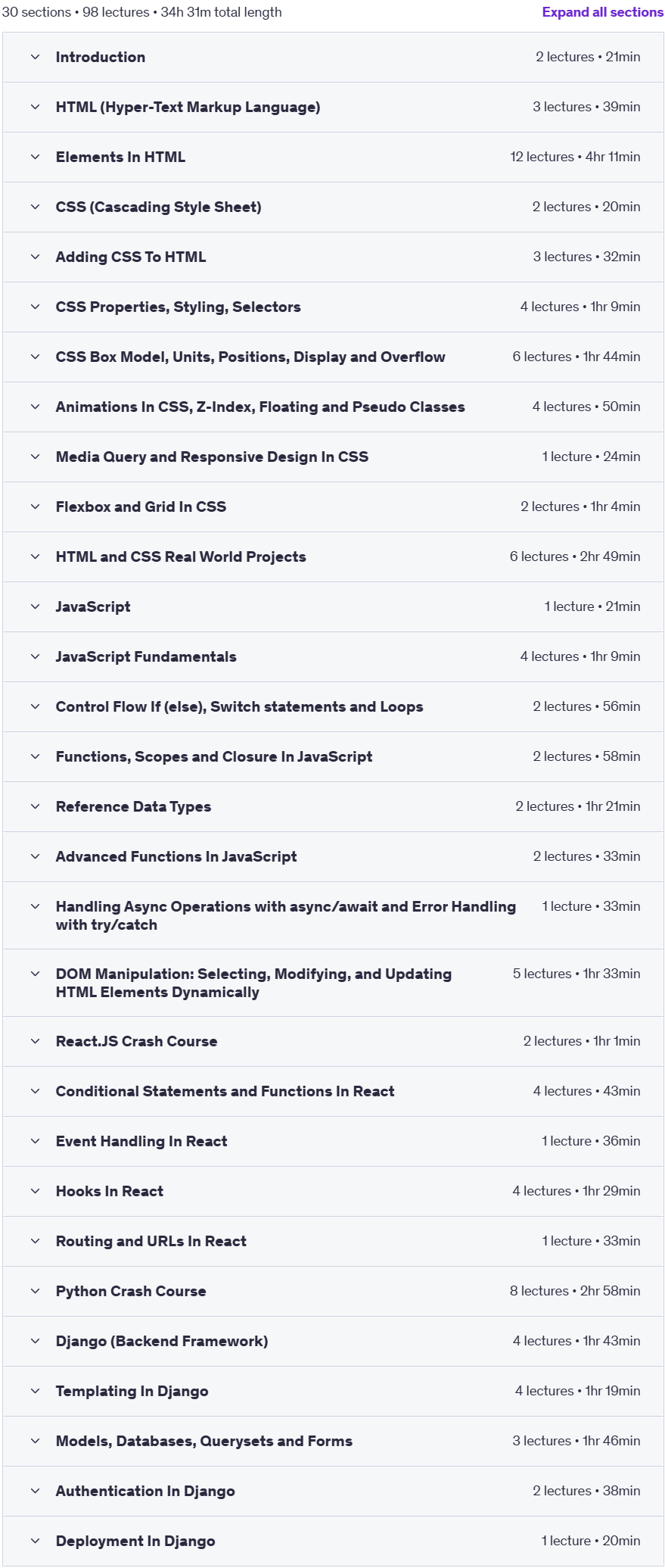 Course topics · Complete Web Development Bootcamp: Full-stack Course 2025 2024-11