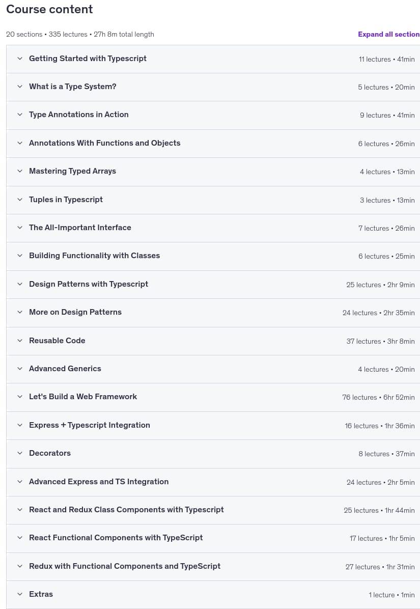 Course topics · Typescript: The Complete Developer’s Guide 2026-2