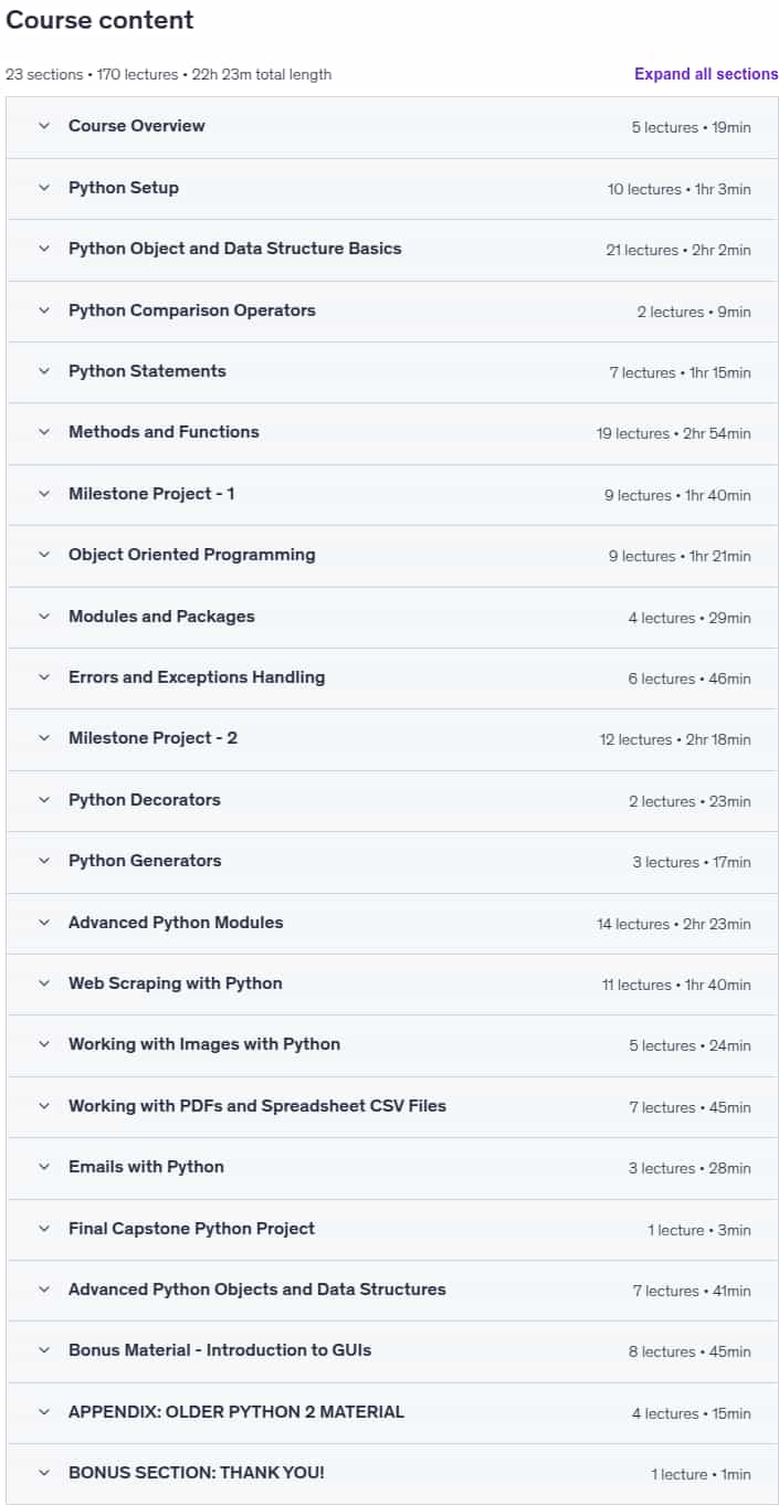 Course topics · The Complete Python Bootcamp From Zero to Hero in Python 2025-8
