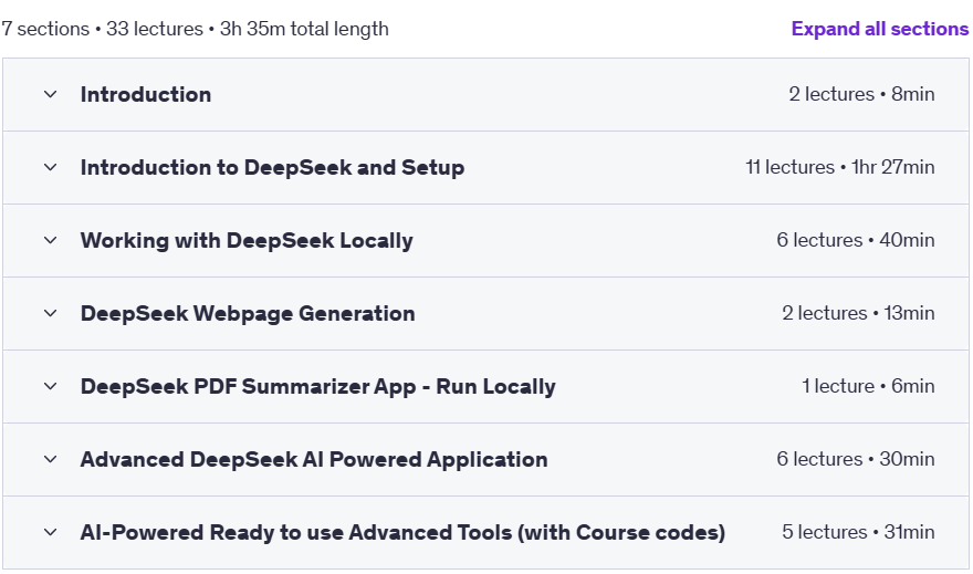 Course topics · Udemy — DeepSeek Complete Course: AI Agents & Apps on your Machine 2025-3