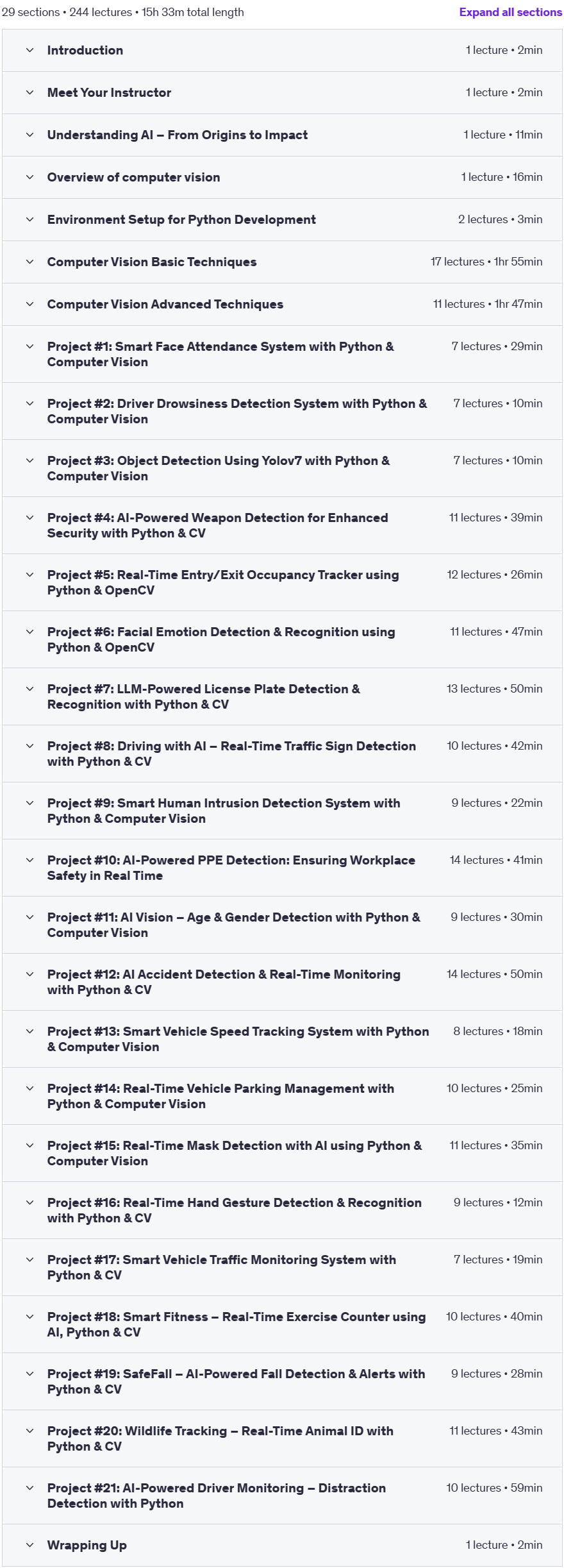 Course topics · Udemy — Practical Computer Vision Mastery: 20+ Python & AI Projects 2025-6