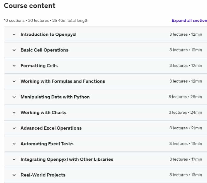 Course topics · Python Excel (OpenPyXL) Programming with Coding Exercises 2024-9