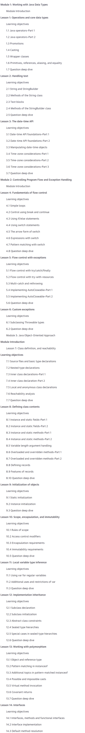 Course topics · Oreilly — Java SE 21 Developer (1Z0-830) 2025-4
