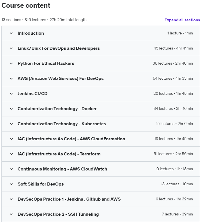 Course topics · Udemy — Ultimate DevSecOps With Real World Scenarios 2023-8