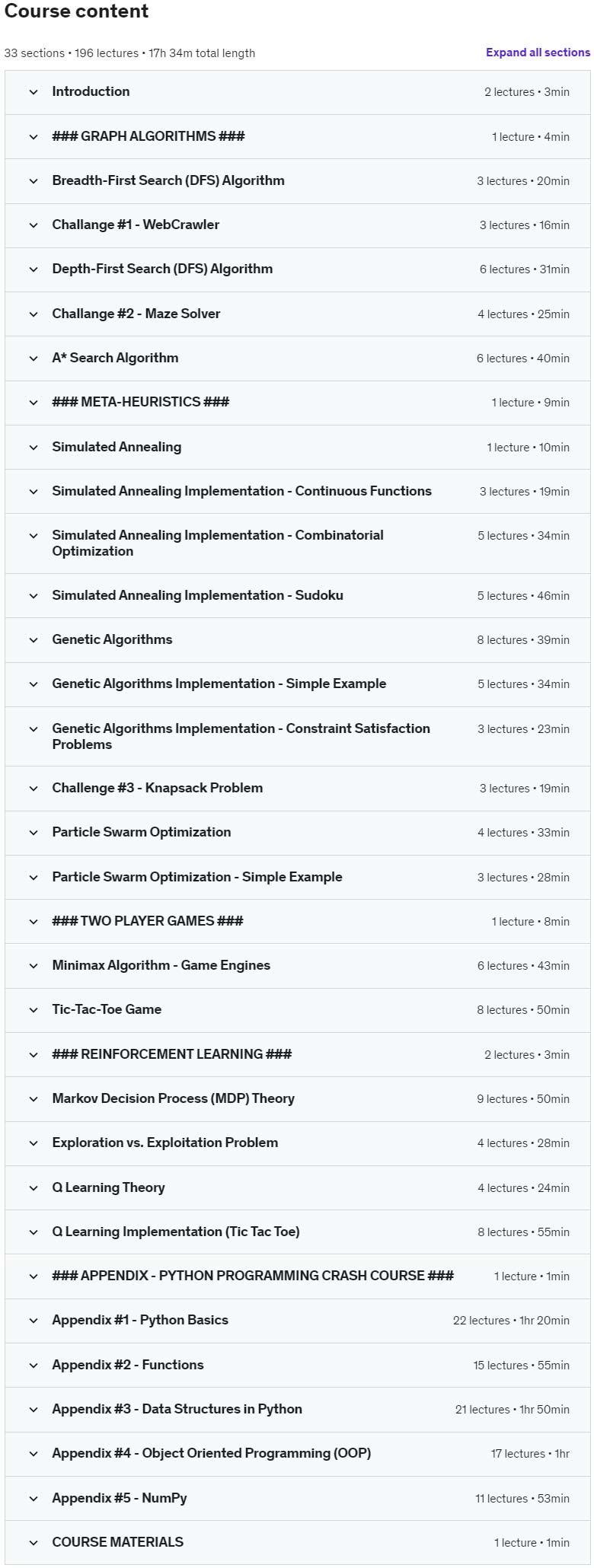 Course topics · Udemy — AI and Meta-Heuristics (Combinatorial Optimization) Python 2022-8