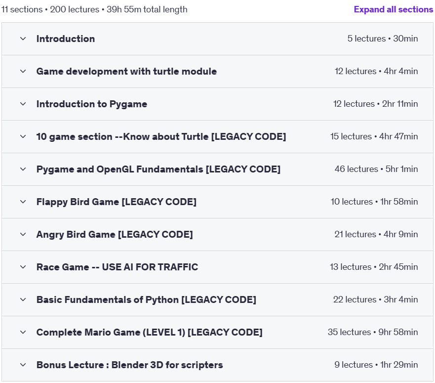 Course topics · Udemy — Python Game Development™ : Build 11 Total Games 2024-7