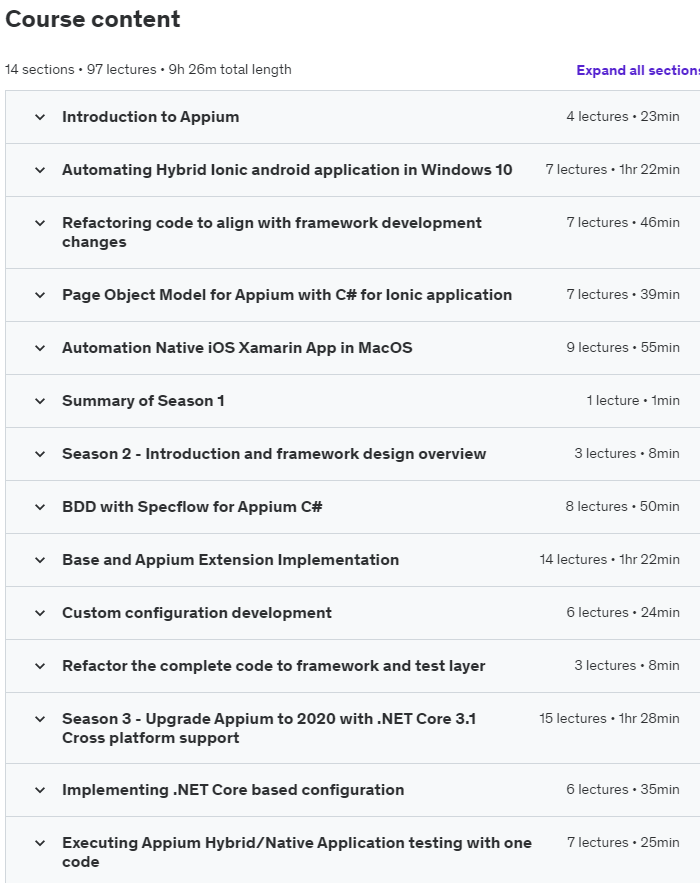 Course topics · Udemy — Advanced Automation framework with Appium C# – 2020 Updated 2023-1