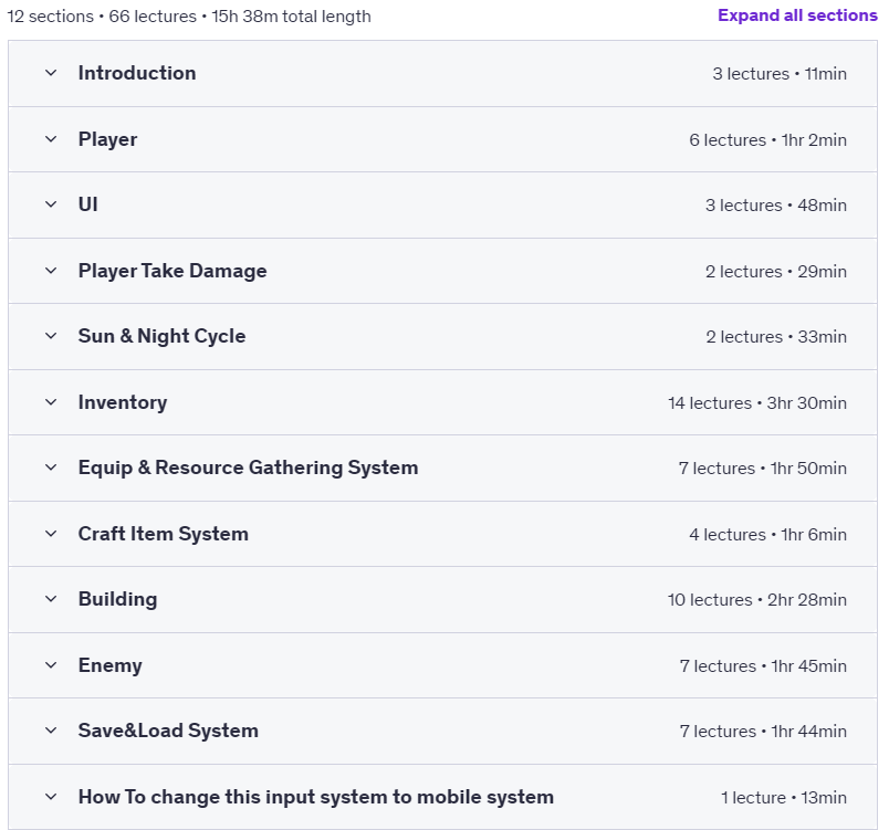 Course topics · Create 3D Survival Game In Unity 2021-9
