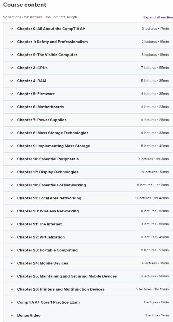 Course topics · Udemy — TOTAL CompTIA A+ Core 1 (220-1101) Course + Exam 2023-12