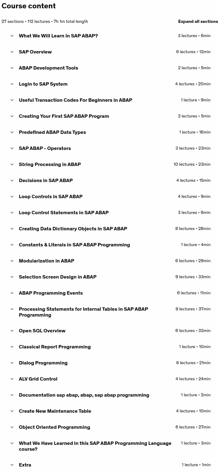 Course topics · Udemy — Learn SAP ABAP: SAP ABAP Programming Language For Beginners 2025-8