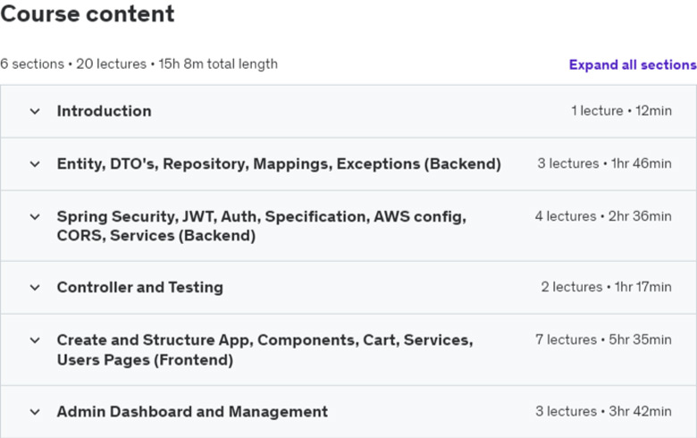 Course topics · Build Ecommerce Platform Using Spring-boot, React,MySQL, AWS 2024-8