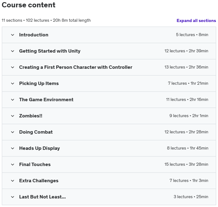 Course topics · Udemy — The Complete Unity Game Development Course 2021-6