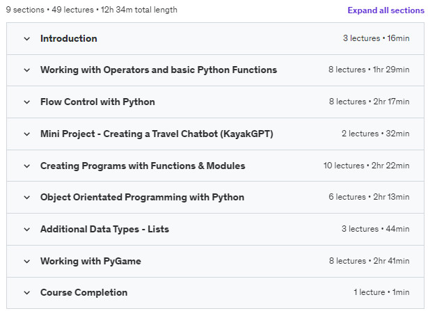 Course topics · Udemy — Python for Absolute Beginners: 2024 Edition 2023-4