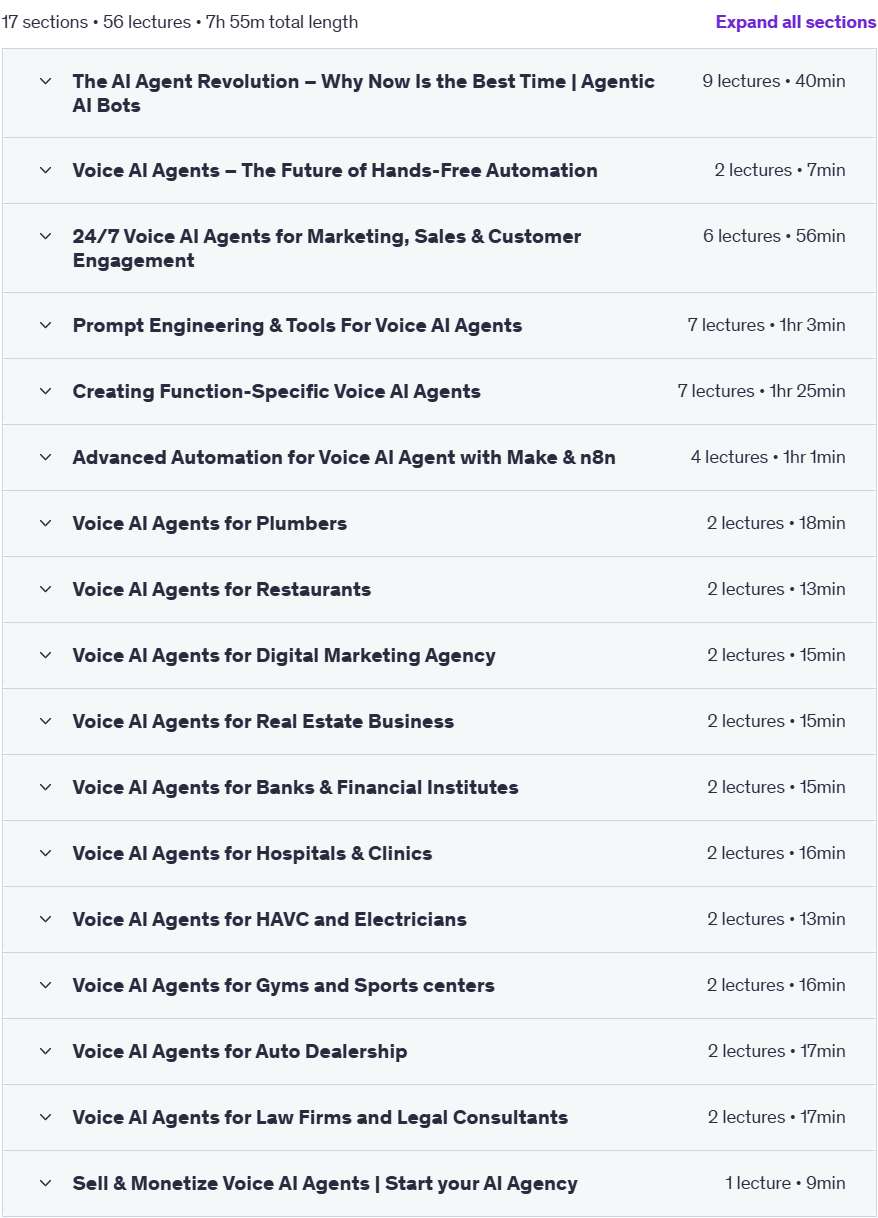 Course topics · Udemy — Voice AI Agents Mastery: 24/7 Calls with No Code AI Agent 2025-4