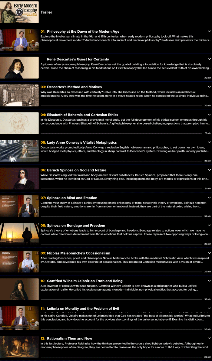 Course topics · The Great Courses Plus — Early Modern Philosophy: Descartes and the Rationalists 2024-12