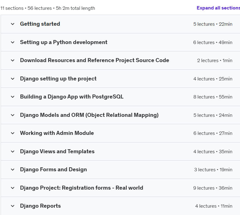 Course topics · Udemy — Building Web Applications with Django and PostgreSQL 2024-3