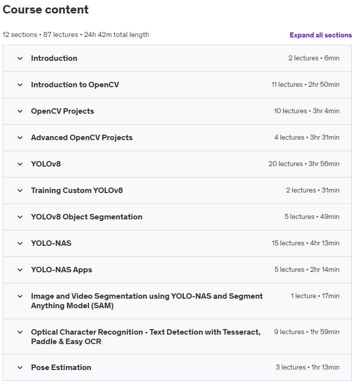 Course topics · Learn OpenCV: Build # 30 Apps with OpenCV, YOLOv8 & YOLO-NAS 2023-10
