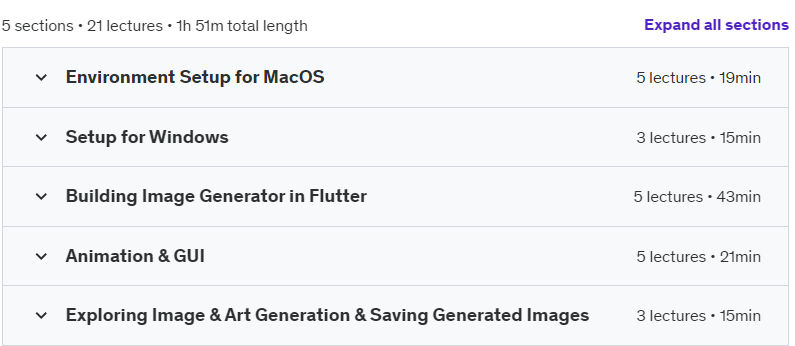 Course topics · Udemy — Flutter & AI: Build Image & Art Generator App in Flutter 2024-10