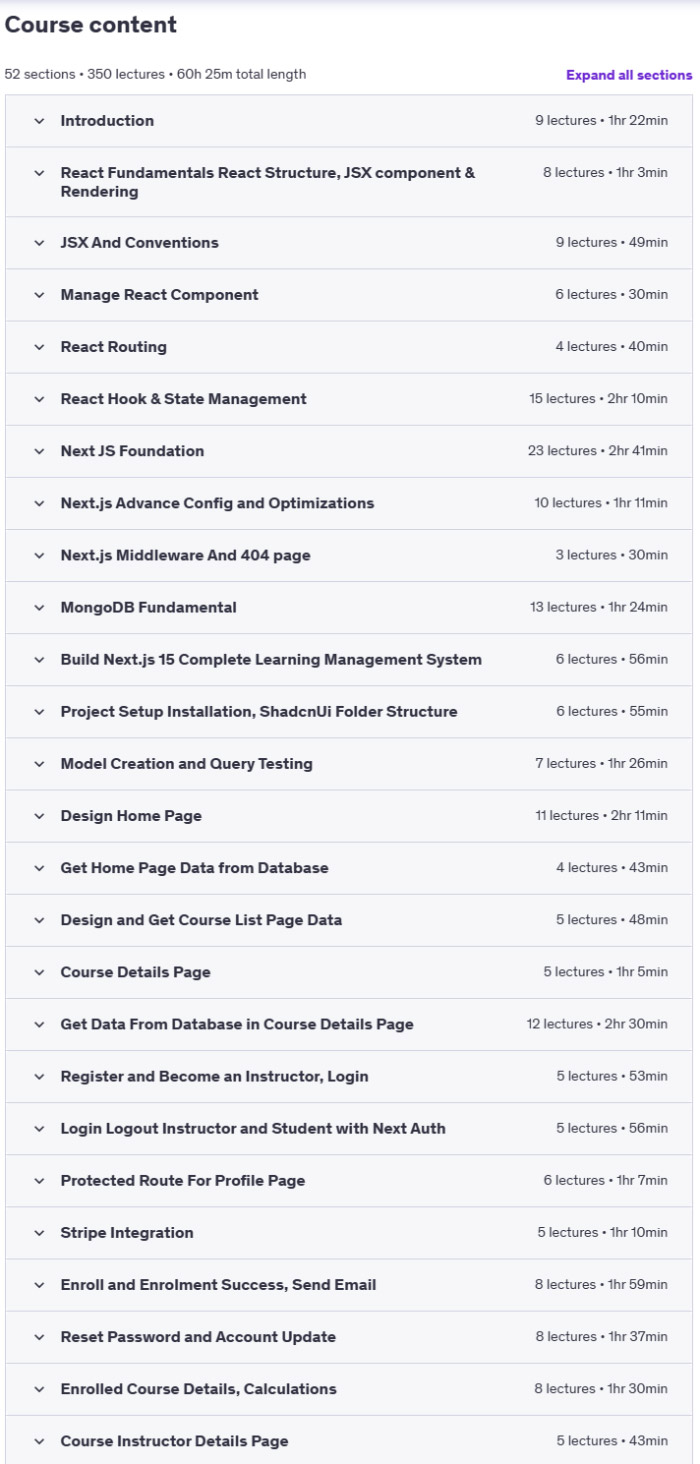 Course topics · Next.js 15 Full Stack Complete Learning Management System 2025-2