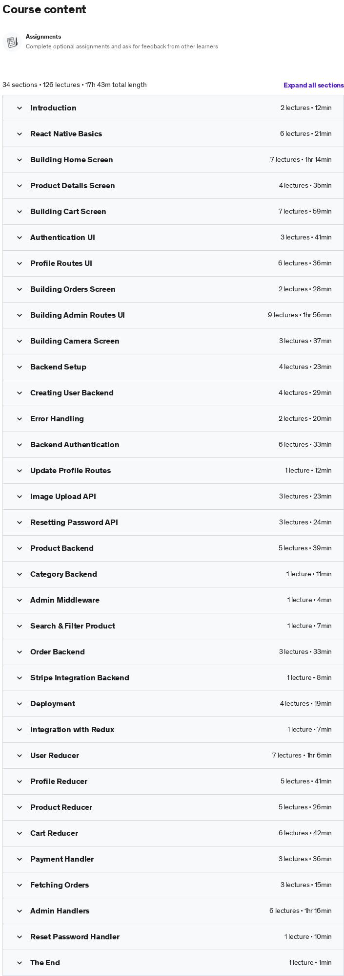 Course topics · MERN Stack E-Commerce App using React Native & Redux Toolkit 2023-2