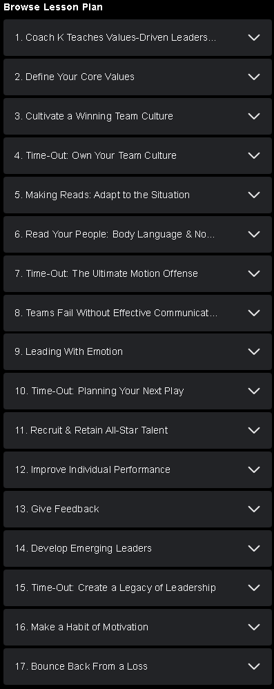 Course topics · MasterClass — Coach K Teaches Values-Driven Leadership 2022-12