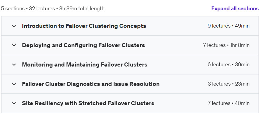 Course topics · Implementing Failover Clustering for Maximum Uptime 2024-5