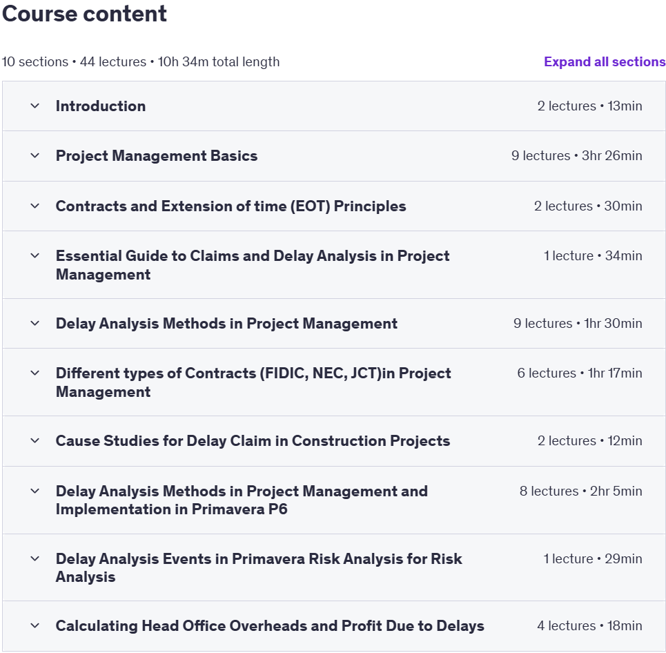Course topics · Udemy — Delay Analysis, EOT & Claims with Primavera P6 & FIDIC 2025-3