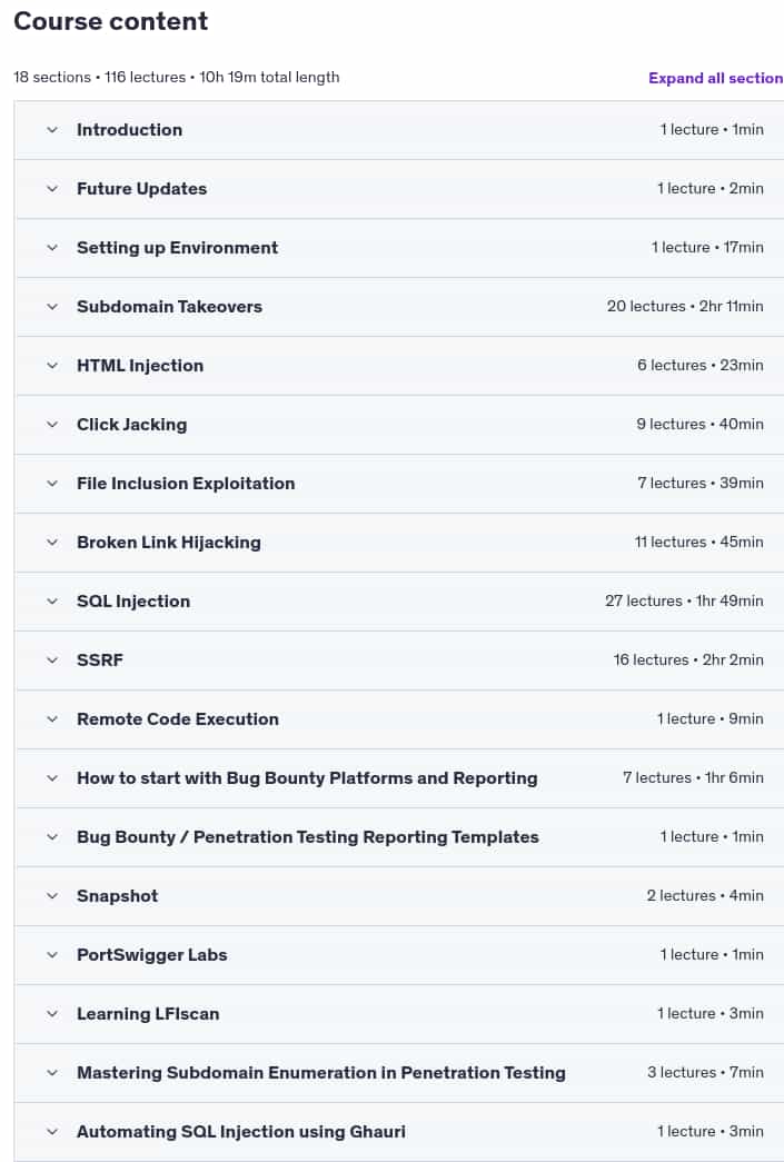 Course topics · Ethical Hacking/Pentesting & Bug Bounty Hunting v2 2025 2025-3
