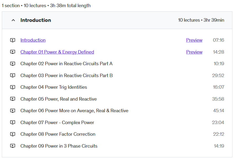 Course topics · Udemy — Power Analysis in AC Circuits 2018-12