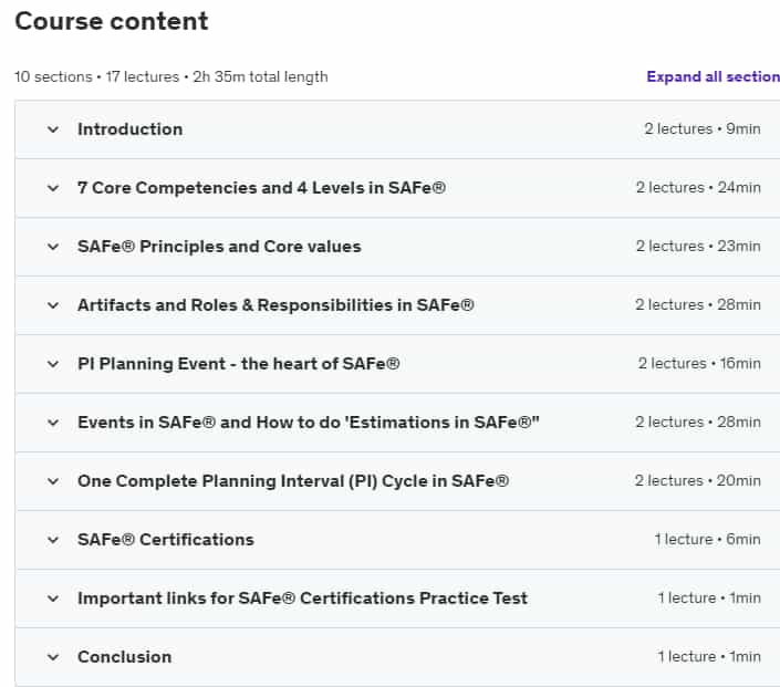 Course topics · Udemy — Scaled Agile framework® (Latest SAFe® 6.0) – Overview 2024-2