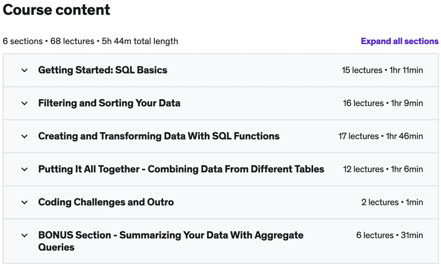 Course topics · Udemy — SQL for Data Analysis – with SQL Server 2023-4