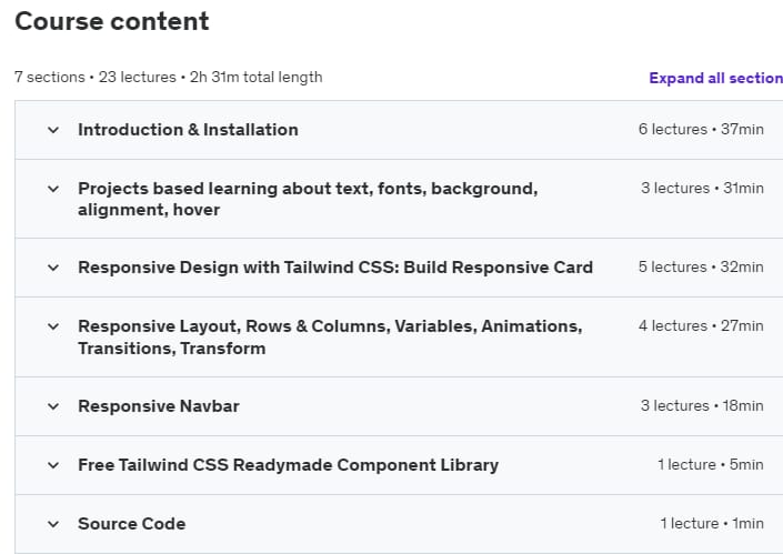 Course topics · Practical Tailwind CSS Course for Beginners 2023-9